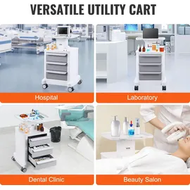 Vevor Laborwagen mit 4 Ebenen, Laborwagen mit 3 Schubladen und 1 oberen Ablage, mobiler medizinischer Wagen aus ABS-Material, Laborrollwagen mit 4 leisen Rädern für Labor, Klinik, Krankenhaus, Salon, weiß