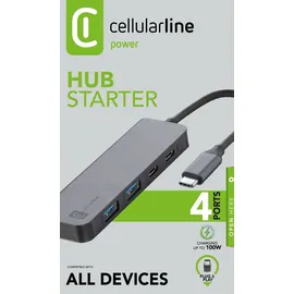 Cellular Line Cellularline HUB Starter 4-Port-Hub, Laden und Datenübertragung, Elegant und Robust, 2 USB-A-Anschlüsse und 1 USB-C für Daten und Laden, USB-C Power Delivery bis zu 100W, Metallgrau