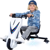 Actionbikes Motors Elektro-Drift-Trike für Kinder, Drift-Scooter, bis zu 15km/h, drosselbar, Hupe, LED-Driftrollen 360° (Weiß Matt)