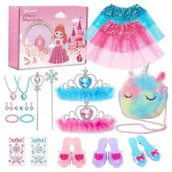 LENBEST Prinzessin-Kostüm Prinzessinnenschuhe für Mädchen, Prinzessinnen-Kostüm, Zubehör mit 3 Paar Schuhen, 1 Einhorn-Tasche, 2 Röcke blau|rosa