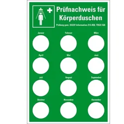 Aufkleber I Prüfnachw.f. Körperduschen DGUV Information 213-850, Prüfplakette Ø20mm, Folie, 100x150mm, DGUV