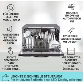 Klarstein Mini-Geschirrspüler für 6 Gedecke, Leiser UV-Geschirrspüler Klein mit 7 Spülprogrammen, Kleiner Tisch-Geschirrspüler für Zuhause Büro Camping, Geschirrspüler UV Glasfront freistehend 1380W