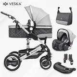 veska VESKA® 3 in 1 Kombi-Kinderwagen Buggy Reisebuggy inkl. Auto- Babyschale Jogger Faltbar - Silber - anthrazit/grau