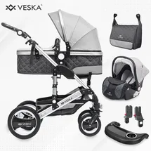 veska VESKA® 3 in 1 Kombi-Kinderwagen Buggy Reisebuggy inkl. Auto- Babyschale Jogger Faltbar - Silber - anthrazit/grau