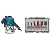 Bosch Professional Oberfräse GOF 1250 CE (inkl. Kopierhülsenadapter, Parallelanschlag, Maulschlüssel 19 mm, Spannzange, im Karton) + 6tlg. Nutfräser Set (für Holz, Zubehör mit 8 mm Schaft)