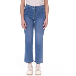 AjC Damen High Waist Jeans Baumwoll-Hose Bootcut Hose mit Knopfdetails 57009102 Blau - 32