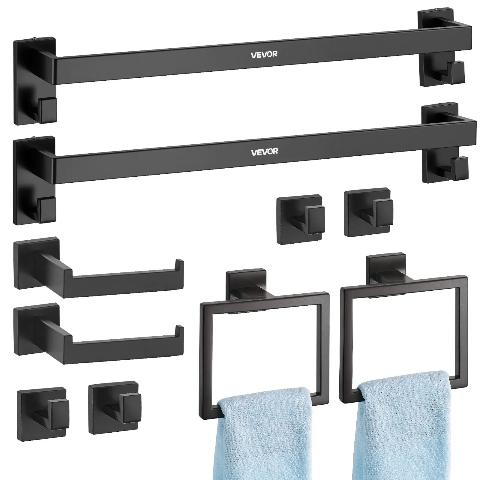 VEVOR Badezimmer Hardware Zubehör Set (10-tlg.) inkl. 2 Handtuchstangen & 2 Handtuchhalter (quadratischer Ring) & 2 4 Haken & 2 Toilettenpapierhalter, für Badezimmer, Wandmontage Mattschwarz