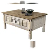 möbelliebling Couchtisch 100 x 60 cm mit Schublade Pinienholz weiß honigfarben lasiert MEXICO