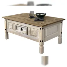 möbelliebling Couchtisch 100 x 60 cm mit Schublade Pinienholz weiß honigfarben lasiert MEXICO