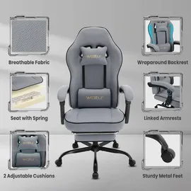 Woltu Gaming Stuhl mit Taschenfederkissen, ergonomischer Drehstuhl, Netzstoff, Grau - Grau