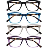 OPULIZE KOI Lesebrille 4er Pack - Große Rechteckige Brillenfassung - Schwarz-Blau-Violett-Grau - Damen Herren Unisex - Federscharniere - RRRR50-1357 - +2.50