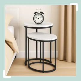 Relaxdays Satztisch, 2er Set, Beistelltisch rund & oval, Marmoroptik, Metallbeine, Wohnzimmer, Couchtisch, weiß/schwarz
