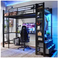 Flieks Hochbett Kinderbett 90x200cm mit LED USB Schreibtisch Kleiderstange Schubladen schwarz