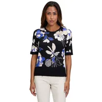 Betty Barclay Kurzarmshirt BETTY BARCLAY "Betty Barclay Feinstrickpullover mit Blumenprint" Gr. 42, schwarz (schwarz/blau) Damen Shirts Hotfix