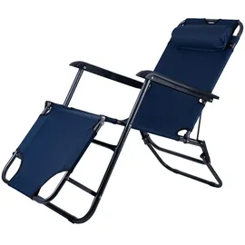 ETC Shop Klappstuhl Gartenstuhl mit Kopfkissen Strandstuhl Sonnenliege Hochlehner Campingstuhl Liegestuhl klappbar, Metall Textil blau schwarz, max. 100kg, L 153 cm