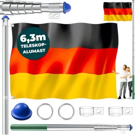 Kesser KESSER® Teleskop Fahnenmast Aluminium 6,30m Bodenhülse 60cm inkl Deutschlandfahne Höhenverstellbar Flaggenmast Mast Deutschland Flagge Alu