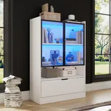 Merax Vitrinenschrank mit LED-Lichtern, Modern Glasvitrine Stehend mit 2 Glastüren, 1 Falttür, Offenes Regal, Bücherschrank Sammlervitrine Standvitrine für Wohnzimmer Esszimmer Büro, Weiß Matt, 120cm