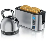 Arendo Frühstücks-Set Edelstahl Wasserkocher 1,7l, 4-Scheiben Langschlitz Toaster, silber (2-tlg), Frühstücksset, Wasserkocher Retro, 2200W, Toaster Brötchenaufsatz silberfarben