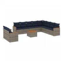 vidaXL 11-teiliges Gartensofa-Set mit Kissen, grau, Polyrattan - Grau