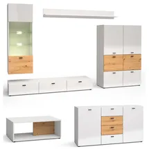 Feldmann-Wohnen Wohnwand, Weiß Hochglanz, Braun, Holzwerkstoff, 13 Fächer, 5 Schubladen, Rechteckig, 450x144x60 cm, Wohnzimmer, Wohnwände, Anbauwände