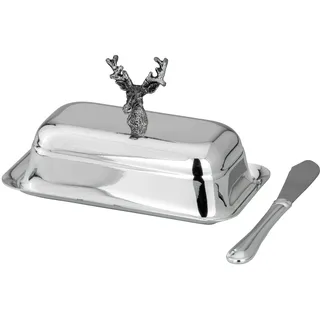 Butterdose Hirsch, mit Glasplatte, Deckel & Buttermesser, für 1/4 - Pfund, versilbert