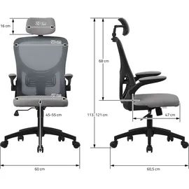 ML-Design Bürostuhl ergonomisch, Grau aus Mesh, mit Verstellbarer Kopfstütze, Armlehnen, Lendenwirbelstütze, Wippfunktion,