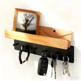 PARFCO Schlüsselbrett Holz mit Ablage, 6 Haken Schlüsselaufhänger, Schlüsselhalter Wand Schwarz, Schlüssel Aufhänger Wand mit Montagezubehör, für Flur, Wohnzimmer, Diele