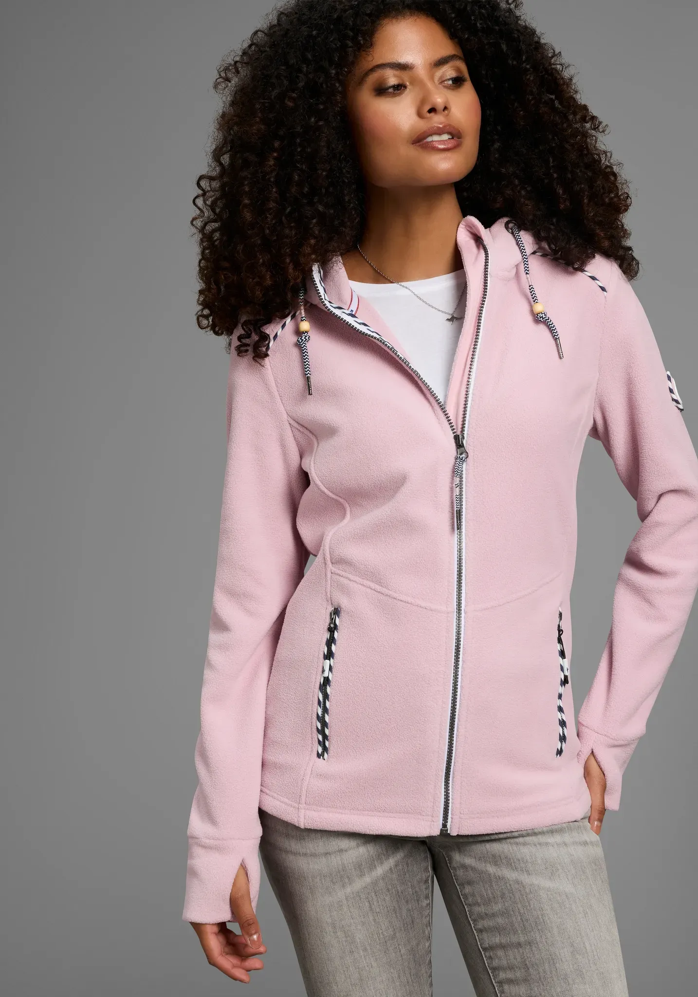 Fleecejacke KANGAROOS, Damen, Gr. 36/38, rosa (rose), Fleece, Obermaterial: 100% Polyester, kontrastfarbene Details, unifarben mit Farbeinsatz, bequem hüftbedeckend, Jacken Fleecejacke, figurbetonte Passform, mit Kapuze und Kordelzug, Übergangsjacke