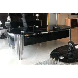 Casa Padrino Luxus Schreibtisch mit Kunstmarmor Tischplatte Schwarz / Silber 260 cm - Luxus Büro Möbel