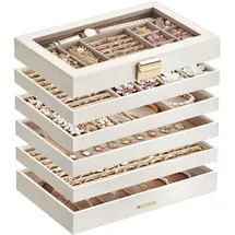 Songmics Schmuckkästchen 6 Ebenen, Schmucktablett stapelbar, Schmuckkasten groß, Schmuckbox mit Glasdeckel, 17 x 28 x 25,3 cm, Schmuckeinsatz für Schubladen, Geschenkidee, weiß JBC195W01