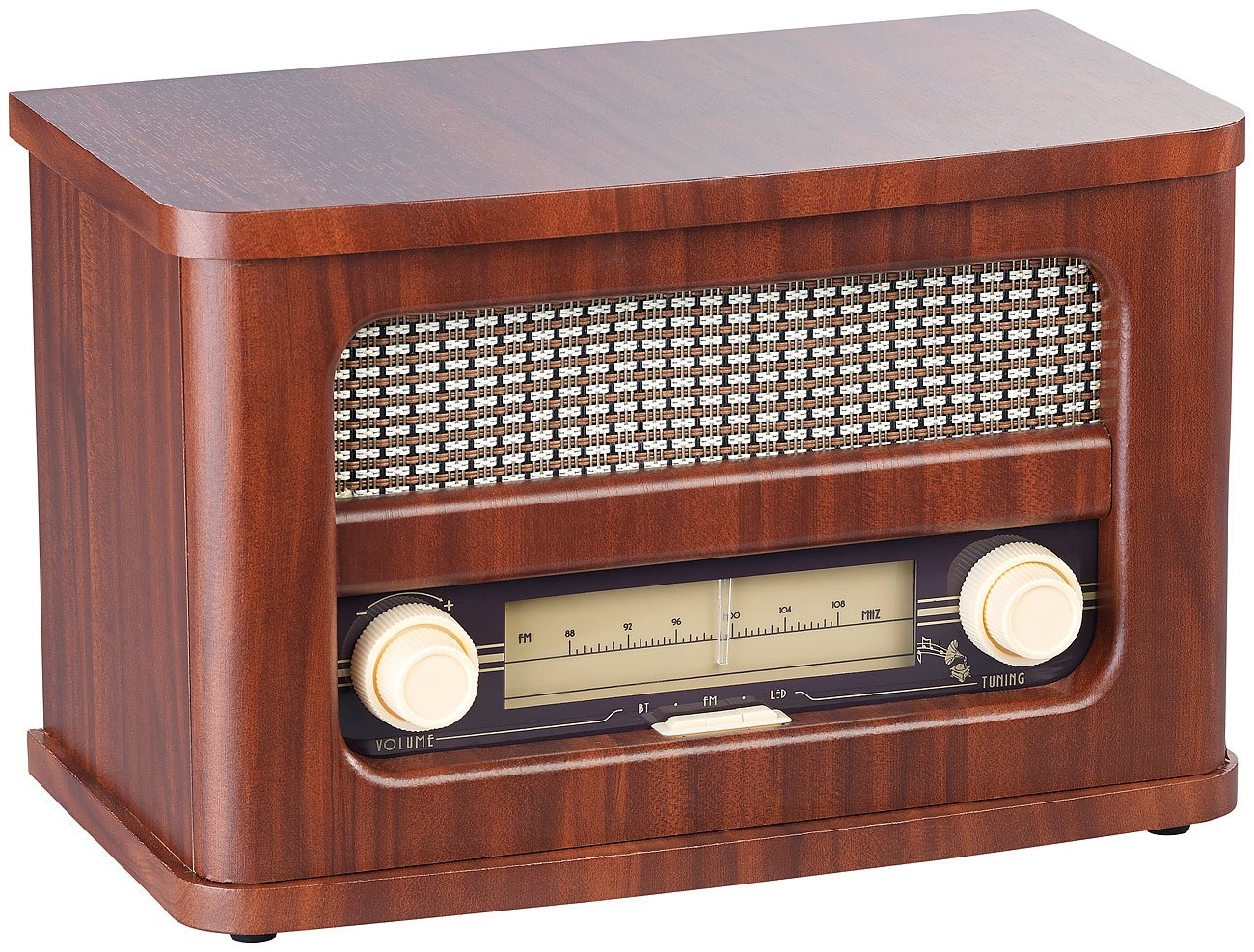 auvisio Nostalgie Radio: Nostalgisches Stereo-FM-Radio 12W, Holz, Akku, Bluetooth, USB Ladeport (Radio Retro, Retro Radio Bluetooth, Lautsprecher iPad)