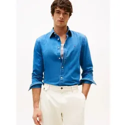 Tommy Hilfiger für Herren. MW0MW38134 Blaues Chambray-Hemd mit normaler Passform (M), Lässig, Baumwolle, Langarm