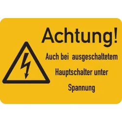 Warnschild, Auch bei ausgeschaltetem Hauptschalter unter Spannung, Folie - ISO 7010 - 52x37 mm Folie selbstklebend