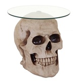 MCW Beistelltisch Totenkopf MCW-A19, Glastisch Wohnzimmertisch Couchtisch Totenschädel, Polyresin rund Ø55cm natur