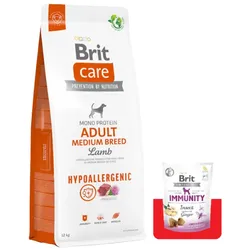 BRIT CARE Dog Hypoallergenic Adult Medium Breed Lamb 12kg + Brit Care Snack Immunity 150g