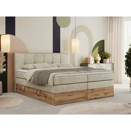 MKS Meble Boxspringbett, Doppelbett mit zwei Multipocket-Matratzen ALBERO 1 KING, Bettkästen und Kopfteil, Holzkiste in Wotan-Eichenfarbe - 120x20... - Beige