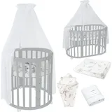 Waldin Mobiles Babybett OWAL aus Holz 7in1 mit Matratze, mitwachsend,Stoffe Weiß Zweige,Holz grau - Grau