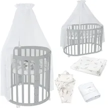 Waldin Mobiles Babybett OWAL aus Holz 7in1 mit Matratze, mitwachsend,Stoffe Weiß Zweige,Holz grau - Grau
