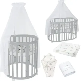 Waldin Mobiles Babybett OWAL aus Holz 7in1 mit Matratze, mitwachsend,Stoffe Weiß Zweige,Holz grau - Grau