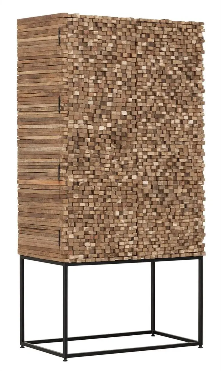 Schrank Sticks aus Teakholz, modernes Design, natur, 90 cm, Metallgestell, montiert geliefert