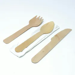 emissimo Bio Besteckset Holz Gabel, Messer, Löffel und Serviette, einzeln verpackt  100 Stück