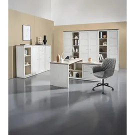 hom'in Hom`in Eckschreibtisch Grau, Weiß, Holzwerkstoff, 2 Schubladen, rechteckig, Wange, Sockel, 145.3x76x160 cm, Stauraum, seitenverkehrt montierbar, Arbeitszimmer, Schreibtische, Eckschreibtische