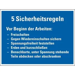 Schild I Hinweisschild 5 Sicherheitsregeln Vor Beginn der Arbeit..., Kunststoff, 200x150mm, VDE