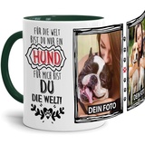 Tassendruck Fototasse mit Spruch - Mein Hund, Meine Welt - personalisiert mit 2 WUNSCHFOTOS - Geschenk für Hundebesitzer, Herrchen oder Frauchen - Innen & Henkel Dunkelgrün