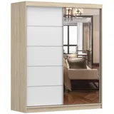 fabryka mebli idczak Schwebetürenschrank Kleiderschrank Bono 05, 160 cm, Sonoma/Weiß mit Spiegel - Hellbraun