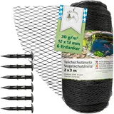 TTL Garden 2x3m Teichnetz Vogelschutznetz schwarz 30g/m2 - 12x12mm engmaschig Starkes HDPE Poolnetz Obstbaumnetz Gartennetz, Vogelabwehr Netz, reißfest dehnbar robust mit 6 Bodenanker
