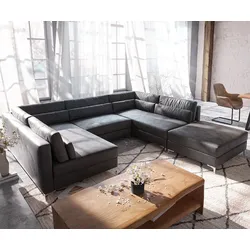 DELIFE Wohnlandschaft Elio 300x185 cm Lederimitat Vintage Anthrazit mit Hocker, Wohnlandschaften
