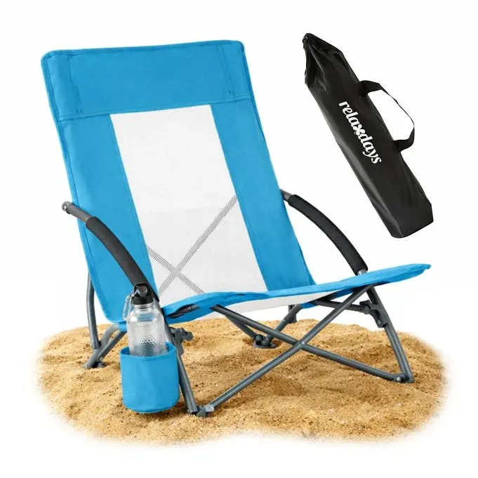 Relaxdays Faltbarer Strandstuhl mit Getränkehalter Weiß,Blau,Silber
