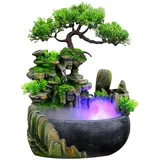 Zimmerbrunnen mit LED Beleuchtung, Grüne Pflanze Brunnen Springbrunnen Gartenbrunnen Deko Tischbrunnen Wasserfall mit Nebel, 28 x15 x 20 cm
