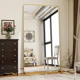 Koonmi Standspiegel mit abgerundeten Ecken, 76 x 171 cm Ganzkörperspiegel mit Ständer, großer Fußboden Standspiegel Ganzkörperspiegel Wand Hänger für Schlafzimmer, Wohnzimmer, Gold